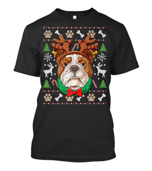 English Bulldog Reindeer Antlers Christmas Ugly T-Shirt