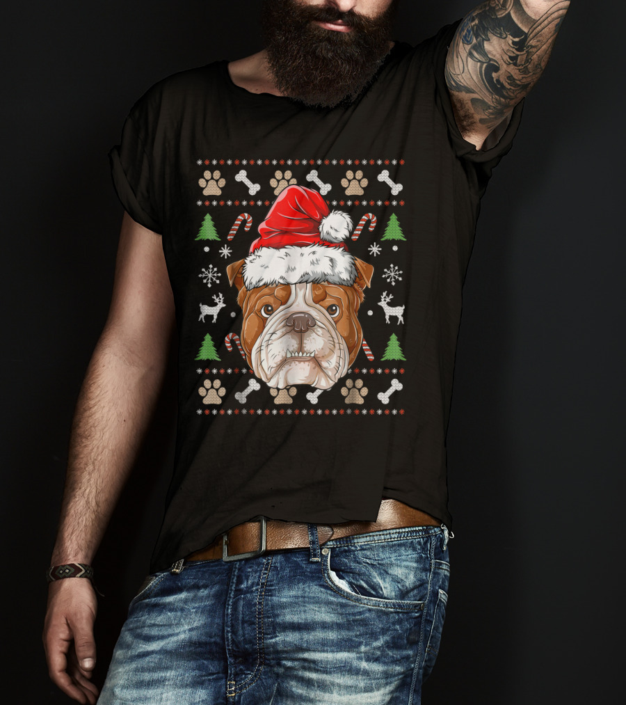 English Bulldog Santa Hat Ugly Christmas Sweater Paws Reindeer Bones Candy Canes T-Shirt