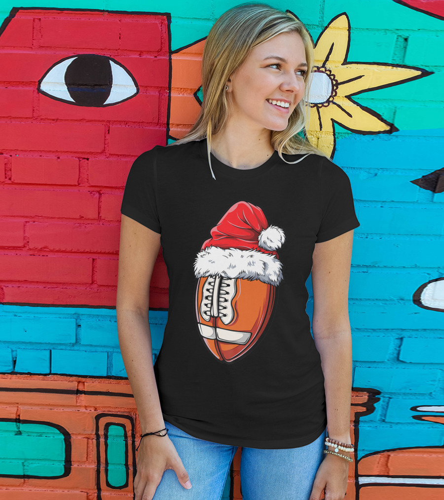 Football Ball Santa Hat Christmas Boys Xmas Football T-Shirt