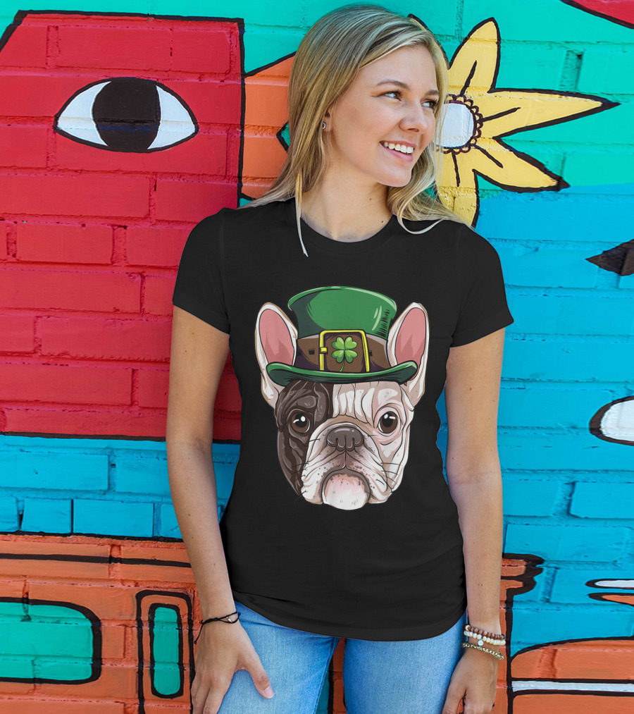 French Bulldog Leprechaun St Patricks Day Dog Wearing Green Hat With Shamrock T-Shirt