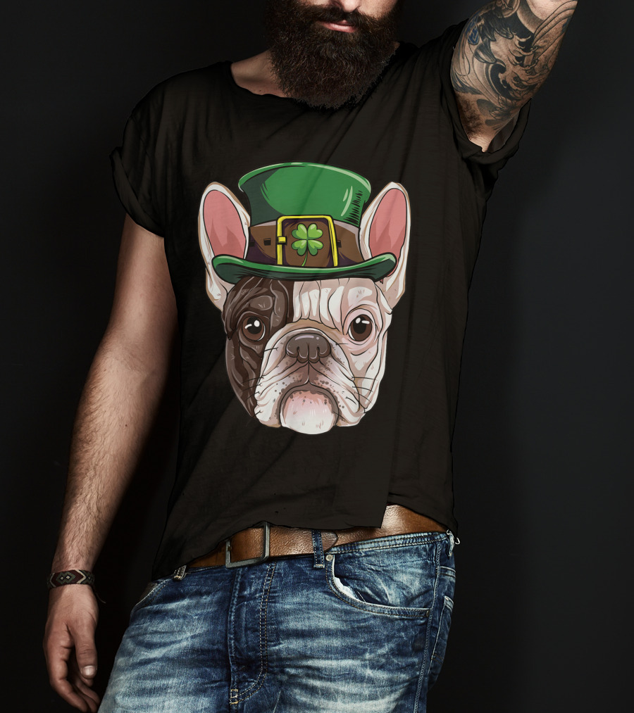 French Bulldog Leprechaun St Patricks Day Dog Wearing Green Hat With Shamrock T-Shirt