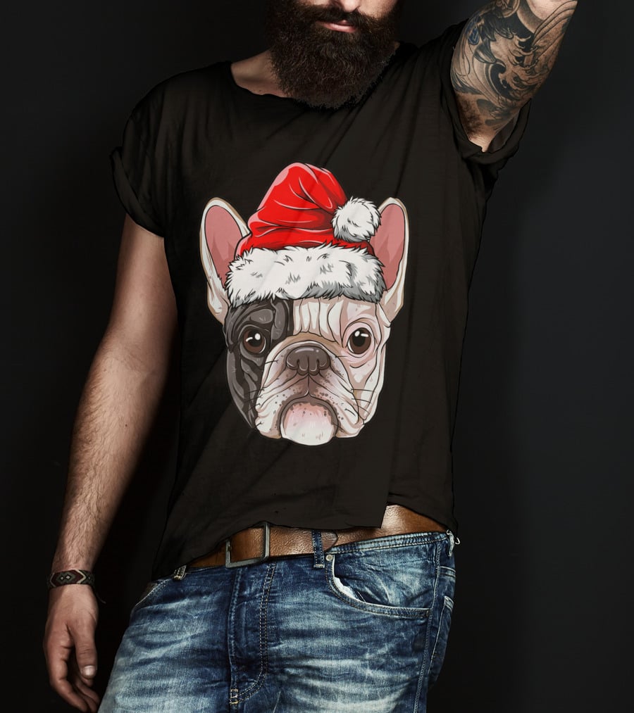 French Bulldog In Santa Hat Christmas T-Shirt