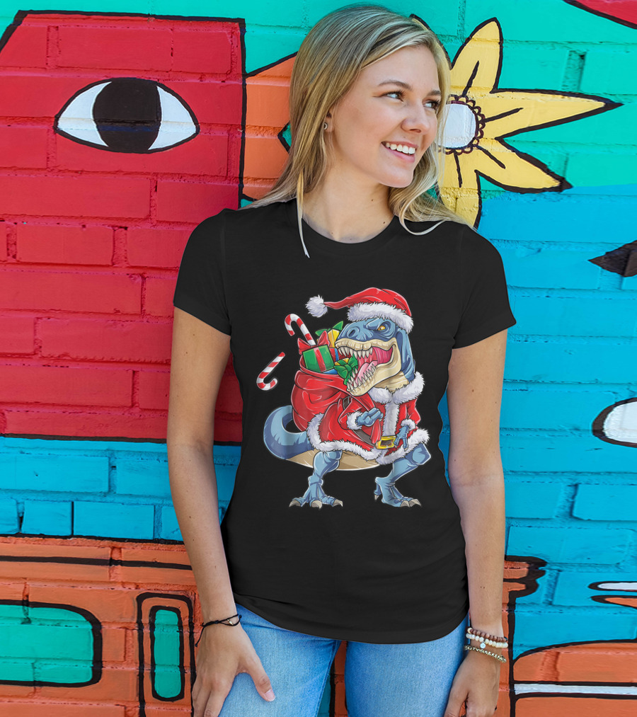 Santa Rex Dinosaur Christmas Boys Kids Xmas T-Shirt