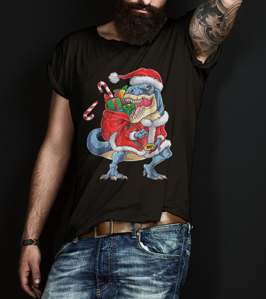 Santa Rex Dinosaur Christmas Boys Kids Xmas T-Shirt