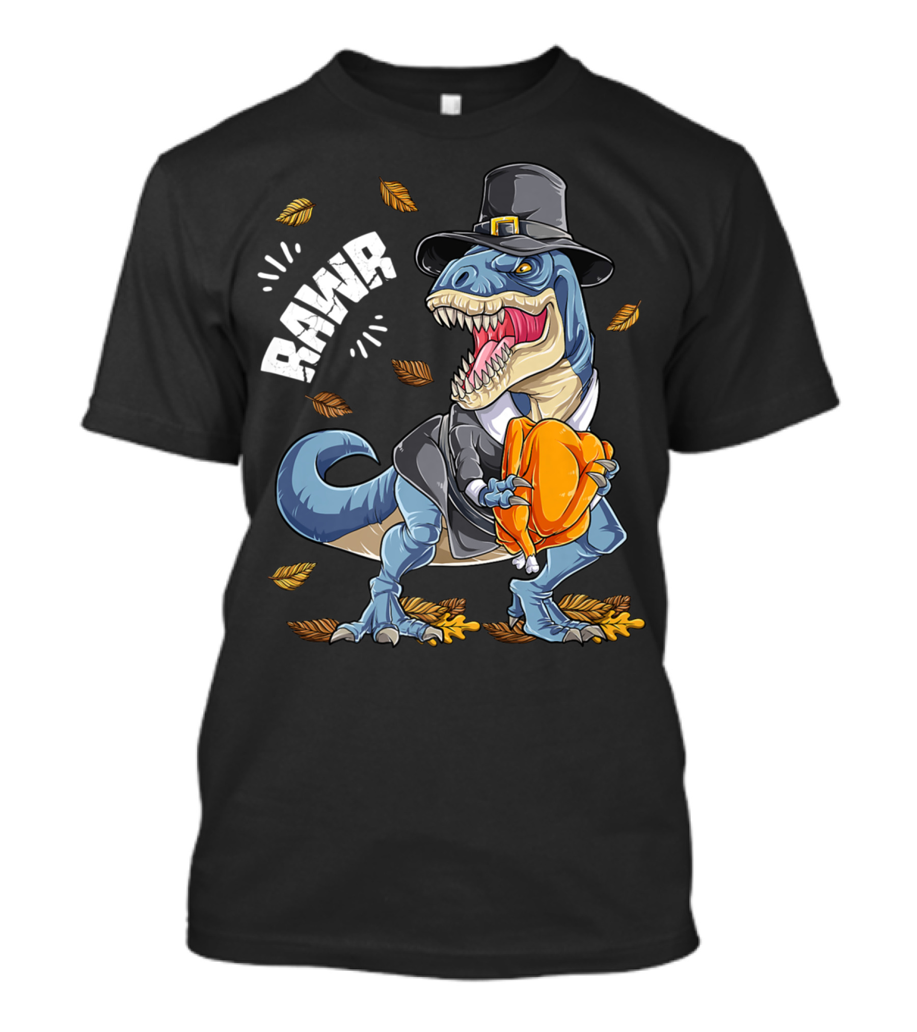 RAWR Dinosaur Thanksgiving Pilgrim T-Rex With Turkey Leaves T-Shirt