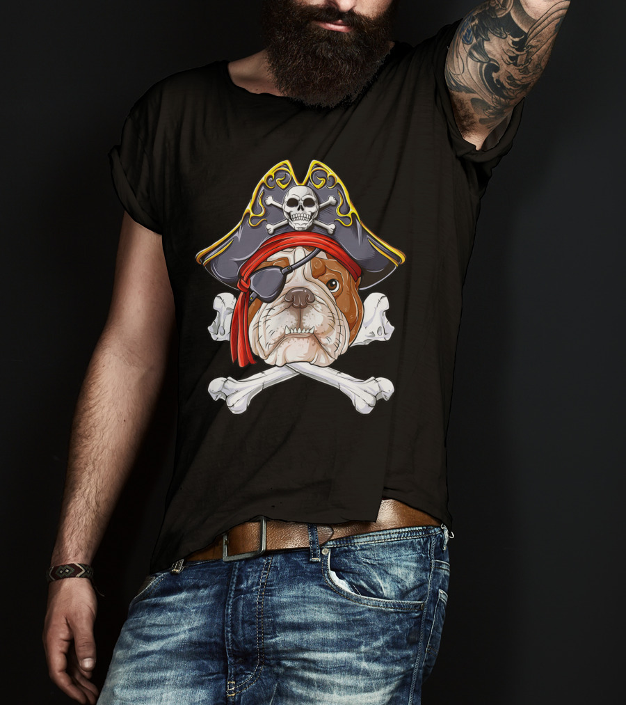 English Bulldog Wearing Pirate Hat With Jolly Roger Crossbones And Eyepatch T-Shirt
