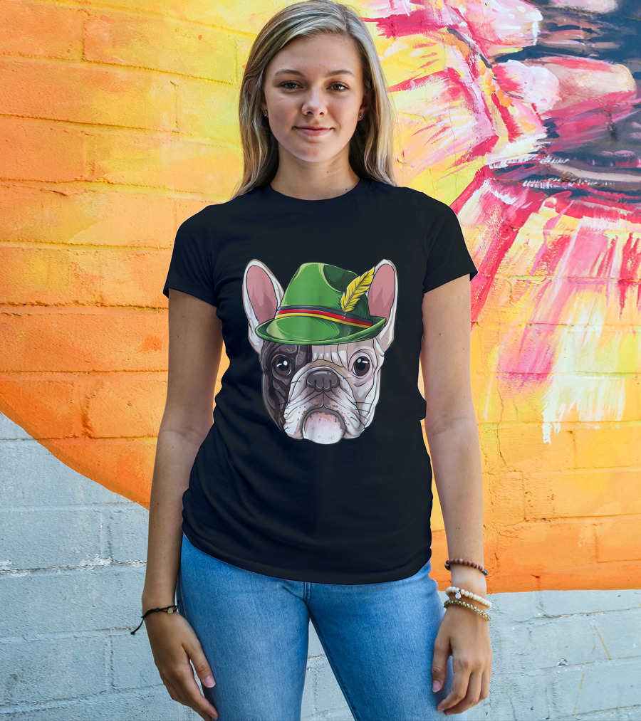 French Bulldog In Green Oktoberfest Hat With Feather T-Shirt