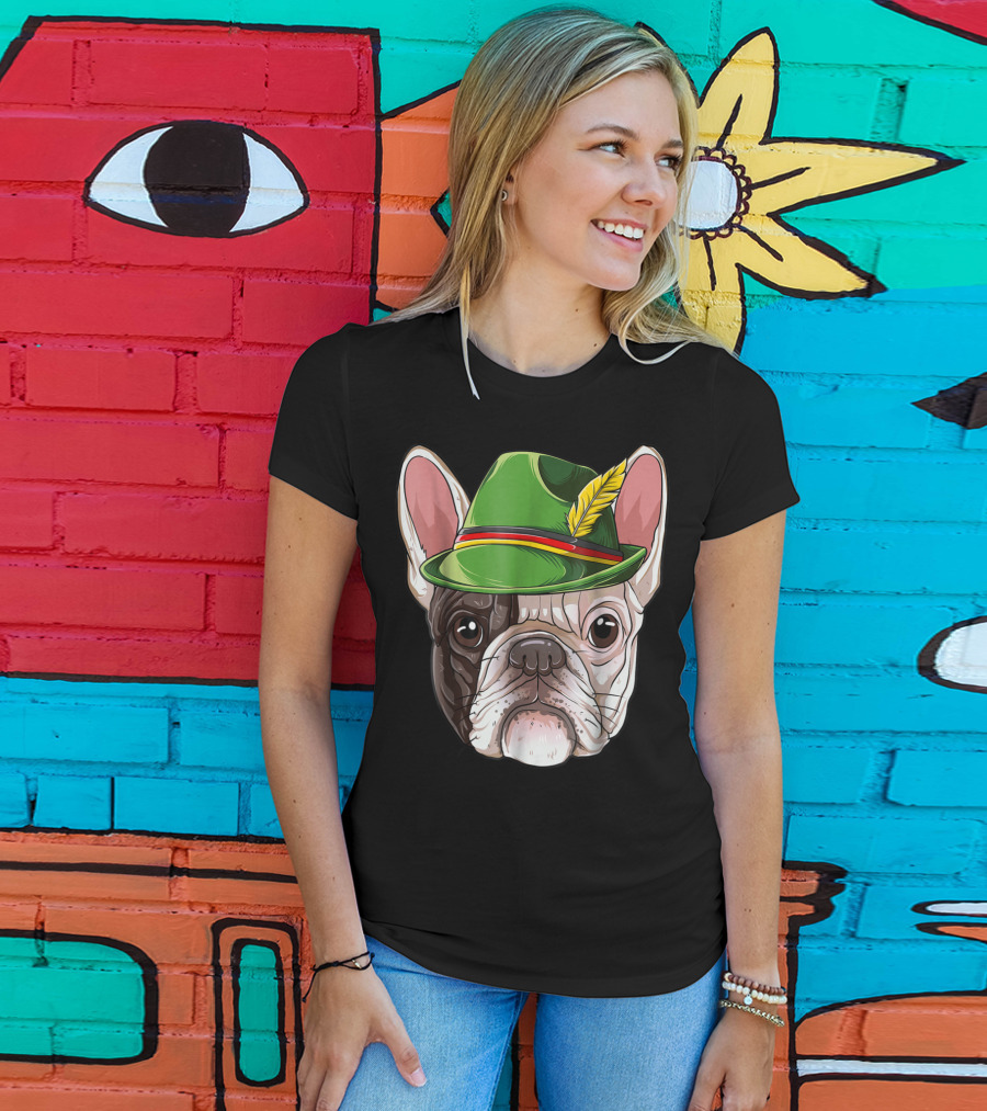 French Bulldog In Green Oktoberfest Hat With Feather T-Shirt