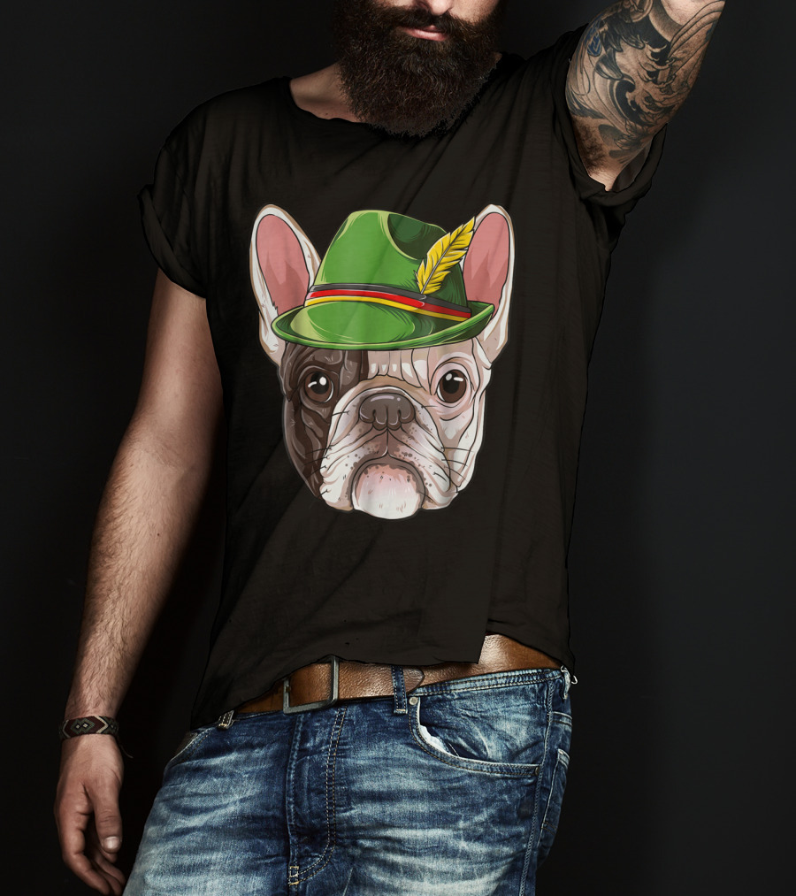 French Bulldog In Green Oktoberfest Hat With Feather T-Shirt