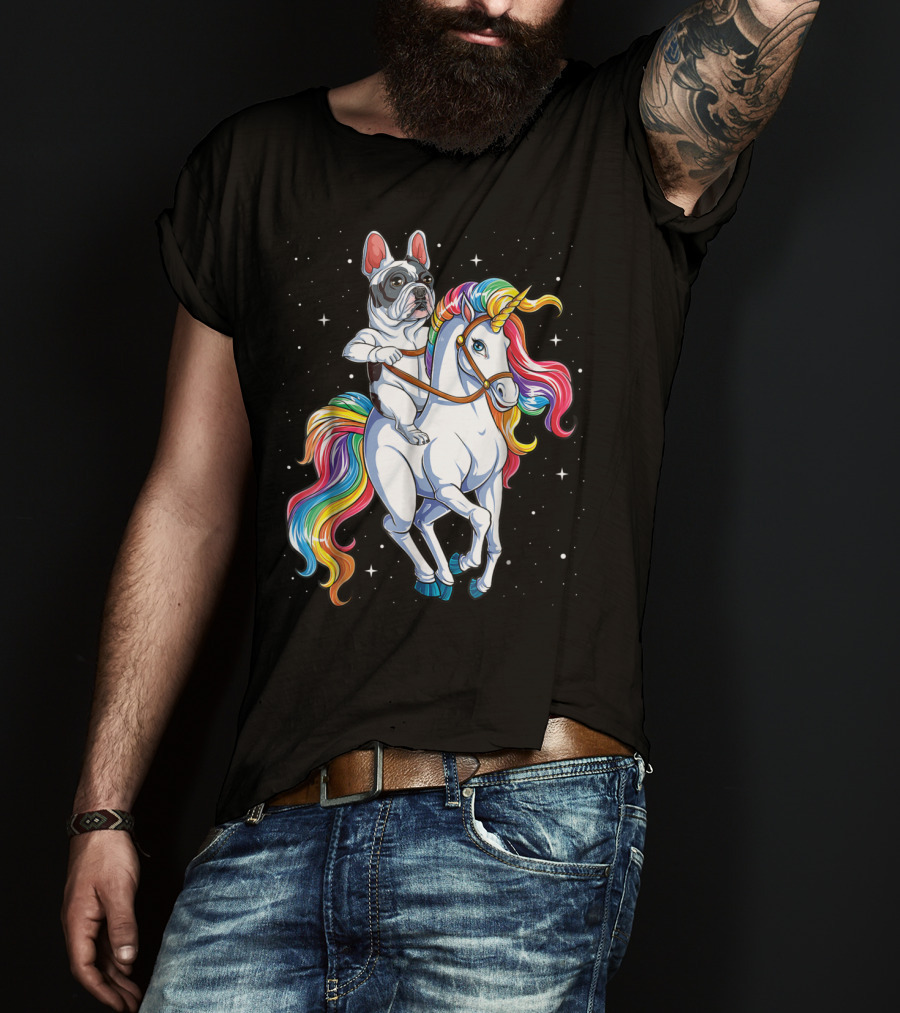 French Bulldog Riding Unicorn In Space Galaxy T-Shirt