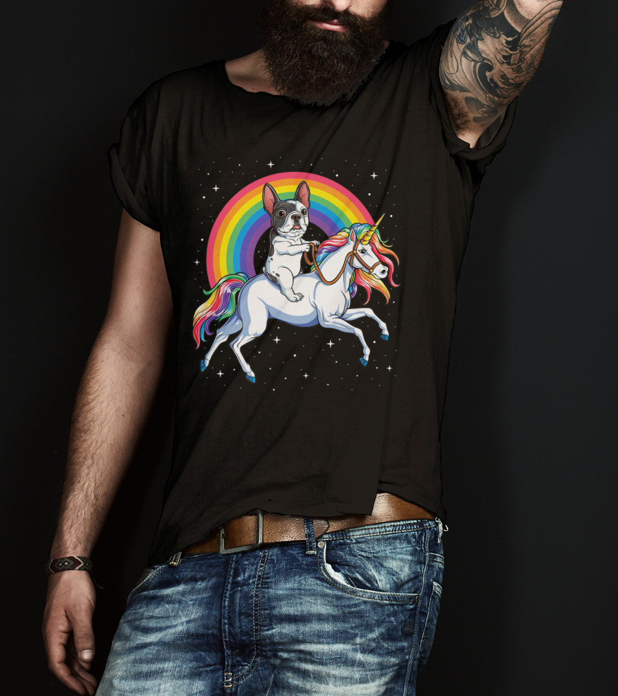 French Bulldog Riding Unicorn Rainbow Space Galaxy T-Shirt