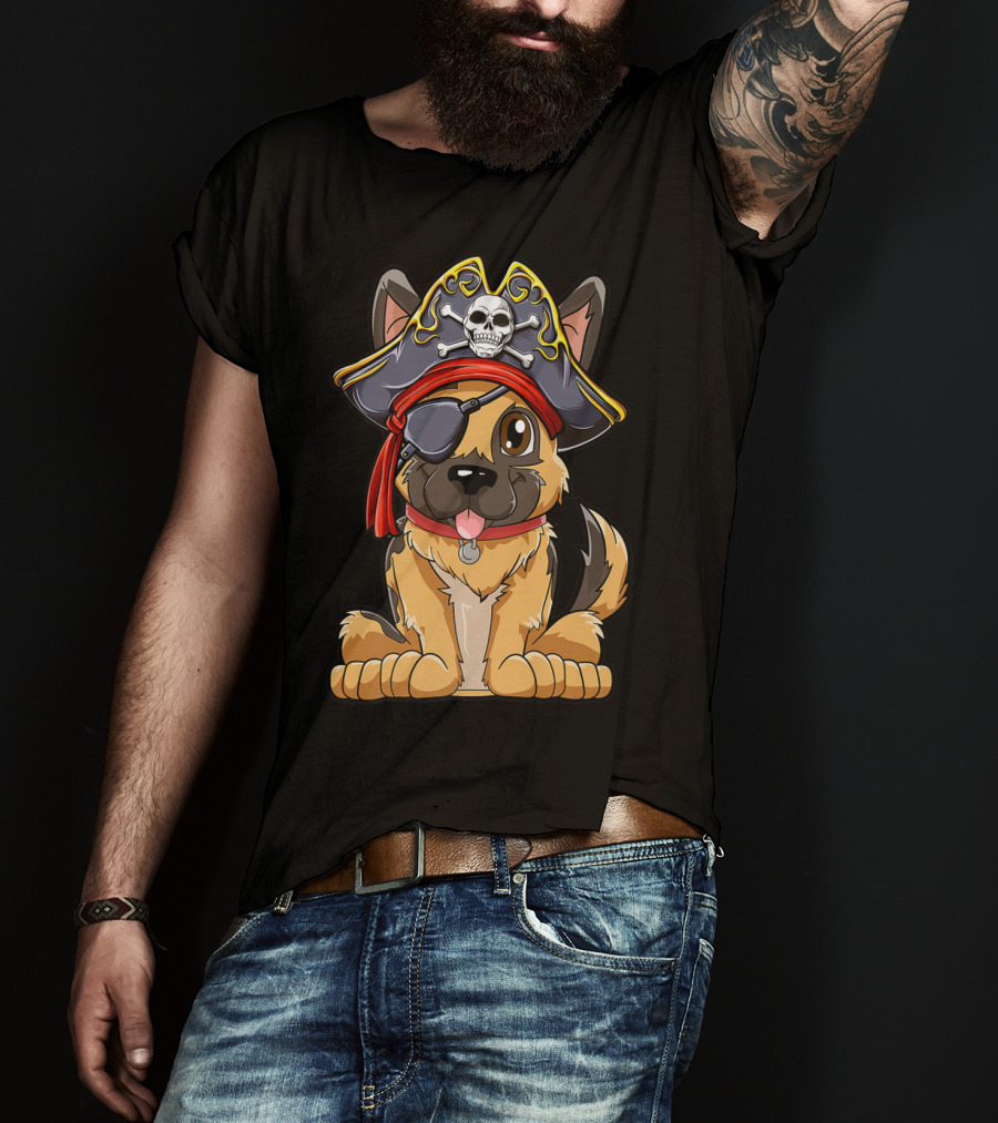 German Shepherd Pirate With Jolly Roger Skull Crossbones And Eyepatch T-Shirt