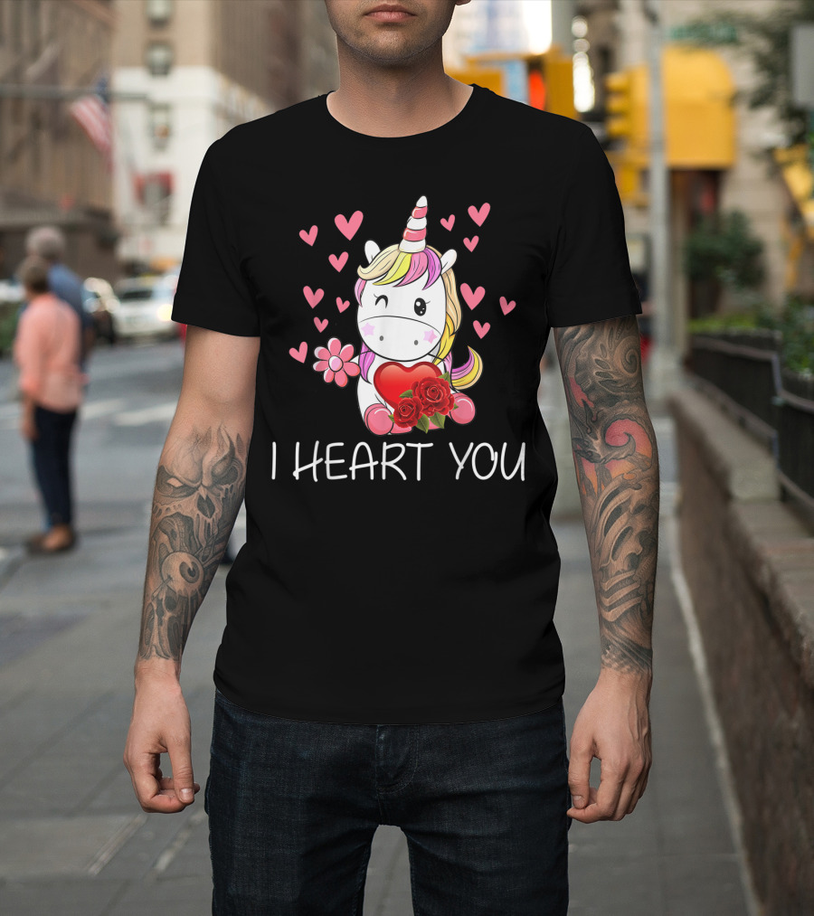 Girls Cute Unicorn I Heart You Roses Hearts T-Shirt