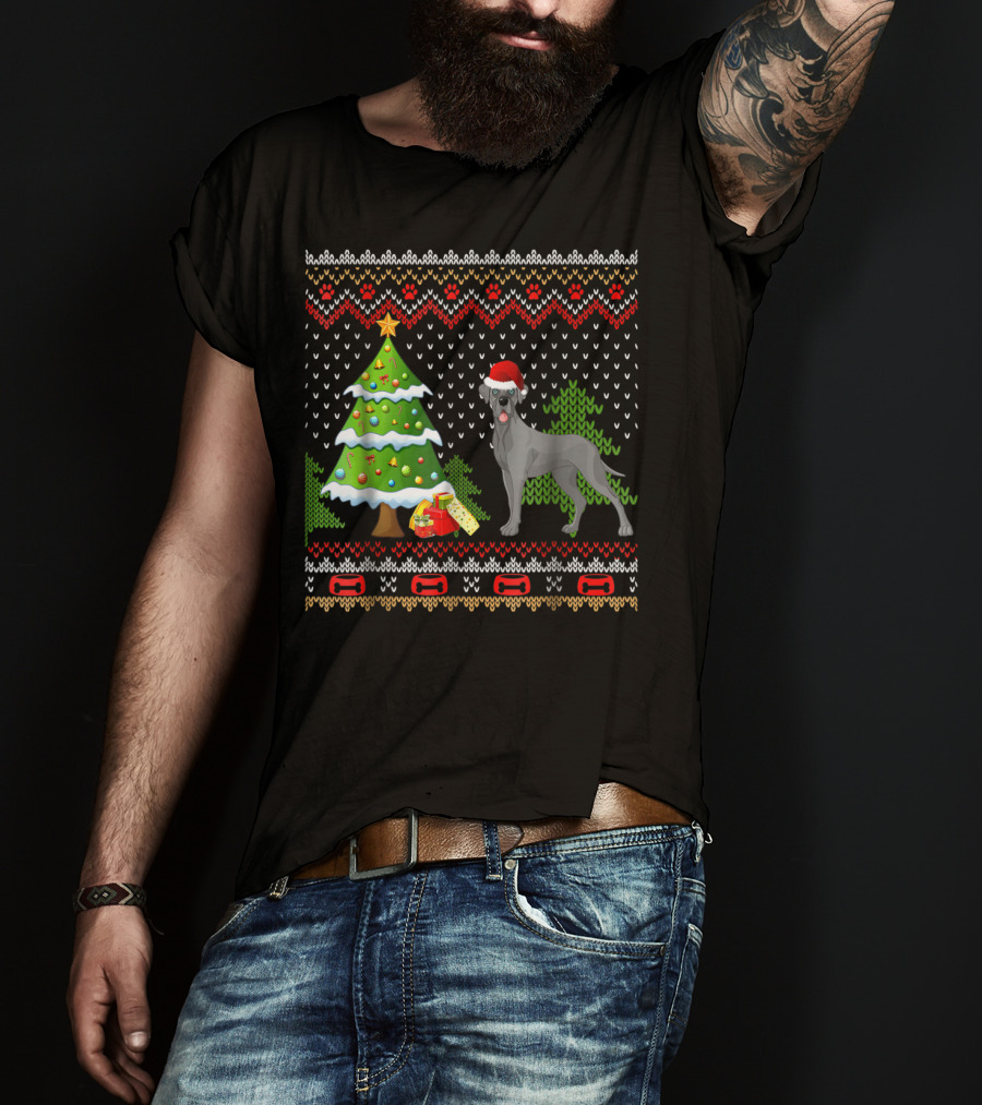 Great Danes Santa Christmas UglyDog Holiday Sweater Tree Present T-Shirt