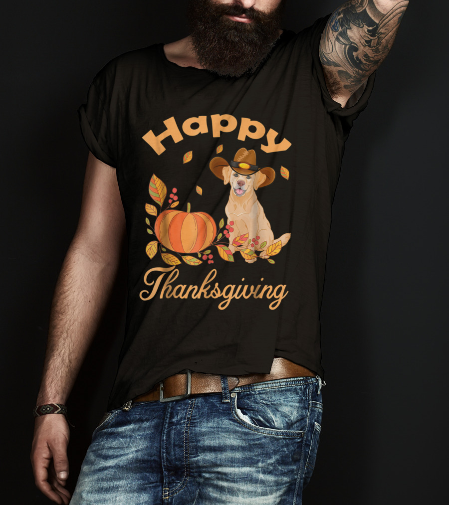 Happy Thanksgiving Golden Retriever With Pumpkin And Leaves T-Shirt