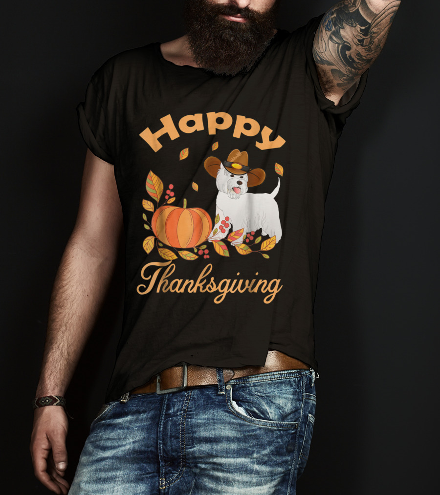 Happy Thanksgiving Westie Pilgrim Dog With Pumpkin And Leaves T-Shirt