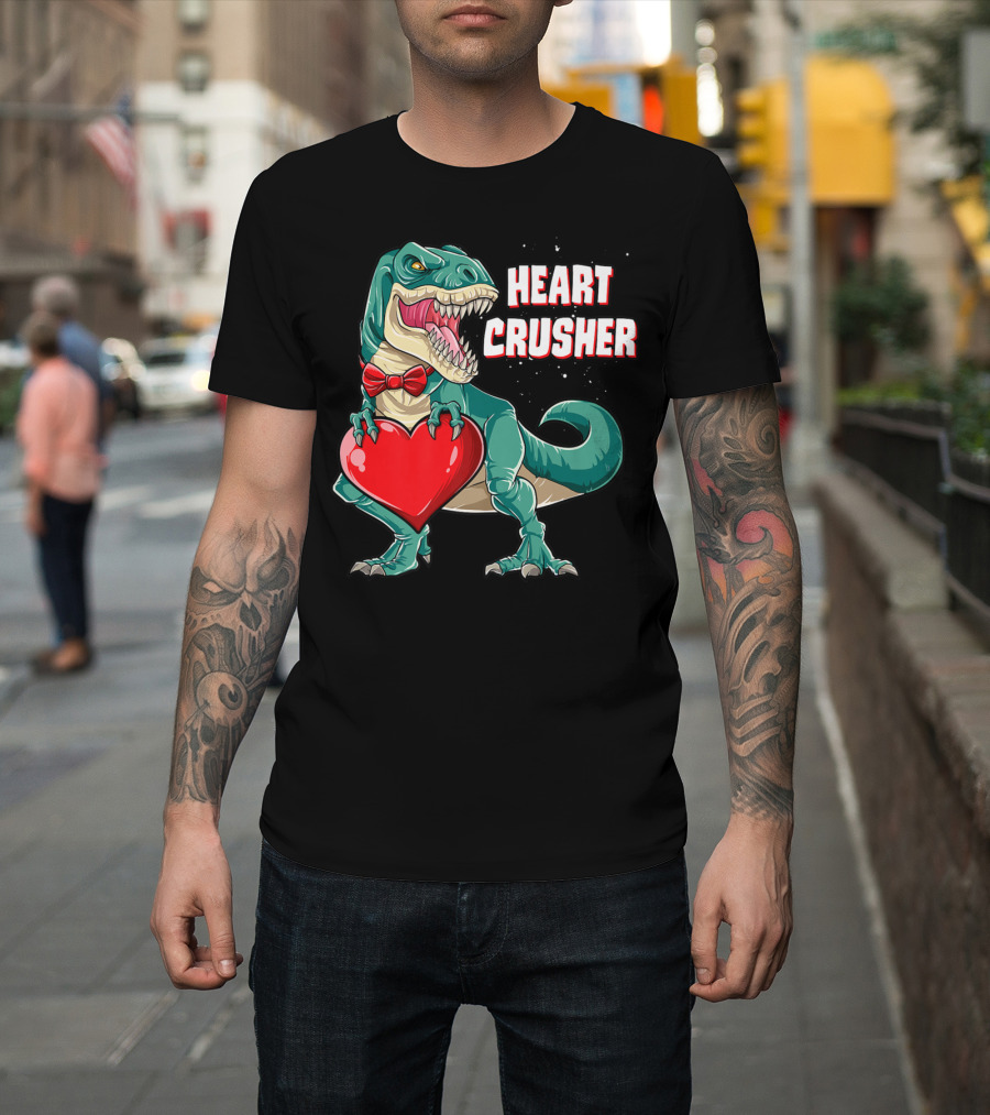 Heart Crusher Valentines Day Dinosaur Rex Bowtie Holding Heart T-Shirt