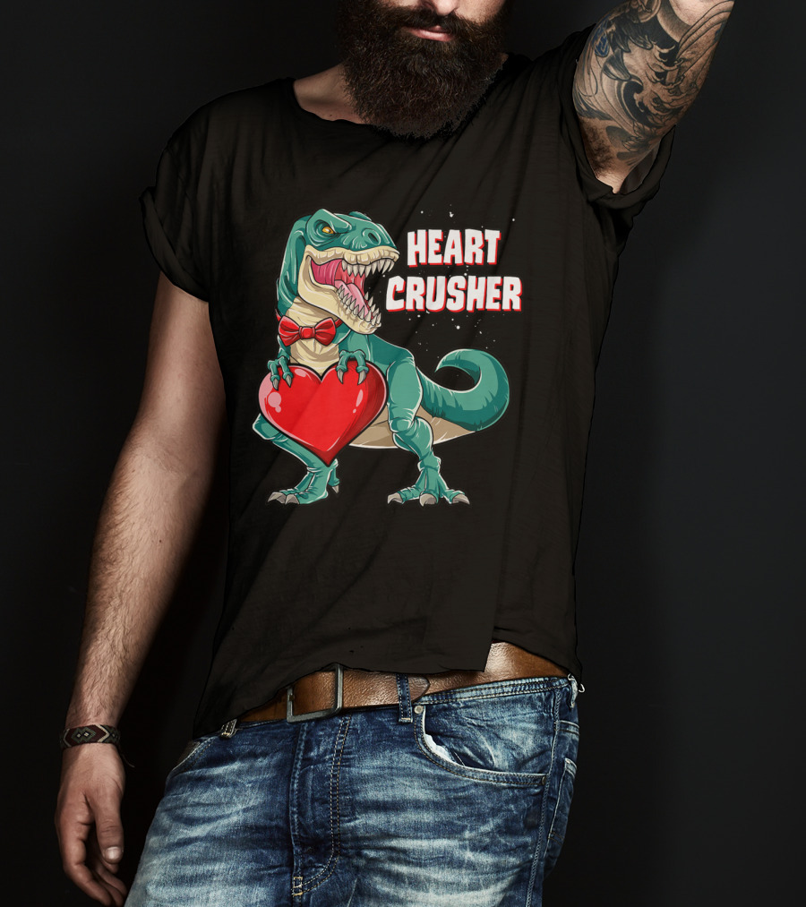Heart Crusher Valentines Day Dinosaur Rex Bowtie Holding Heart T-Shirt