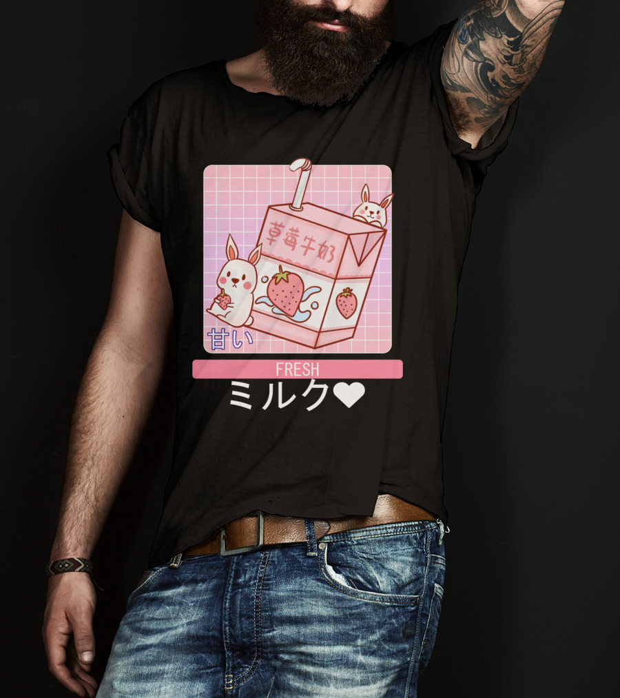 Fresh  Strawberry Milk Carton With Cute Bunny Aesthetic T-Shirt