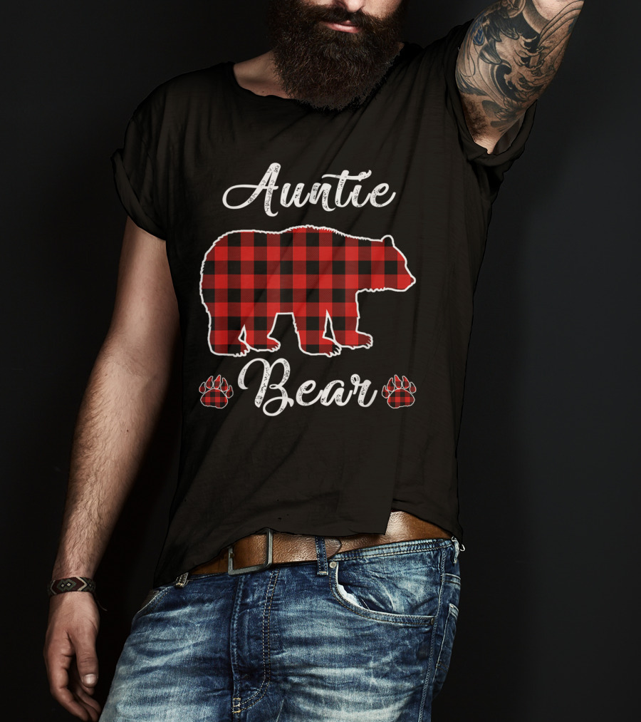 Auntie Bear Red Plaid Buffalo Christmas T-Shirt