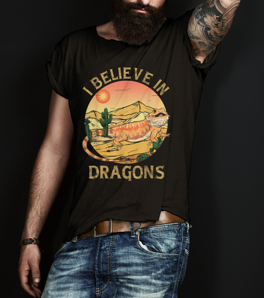 I Believe In Dragons Bearded Cactus Desert Sunset T-Shirt