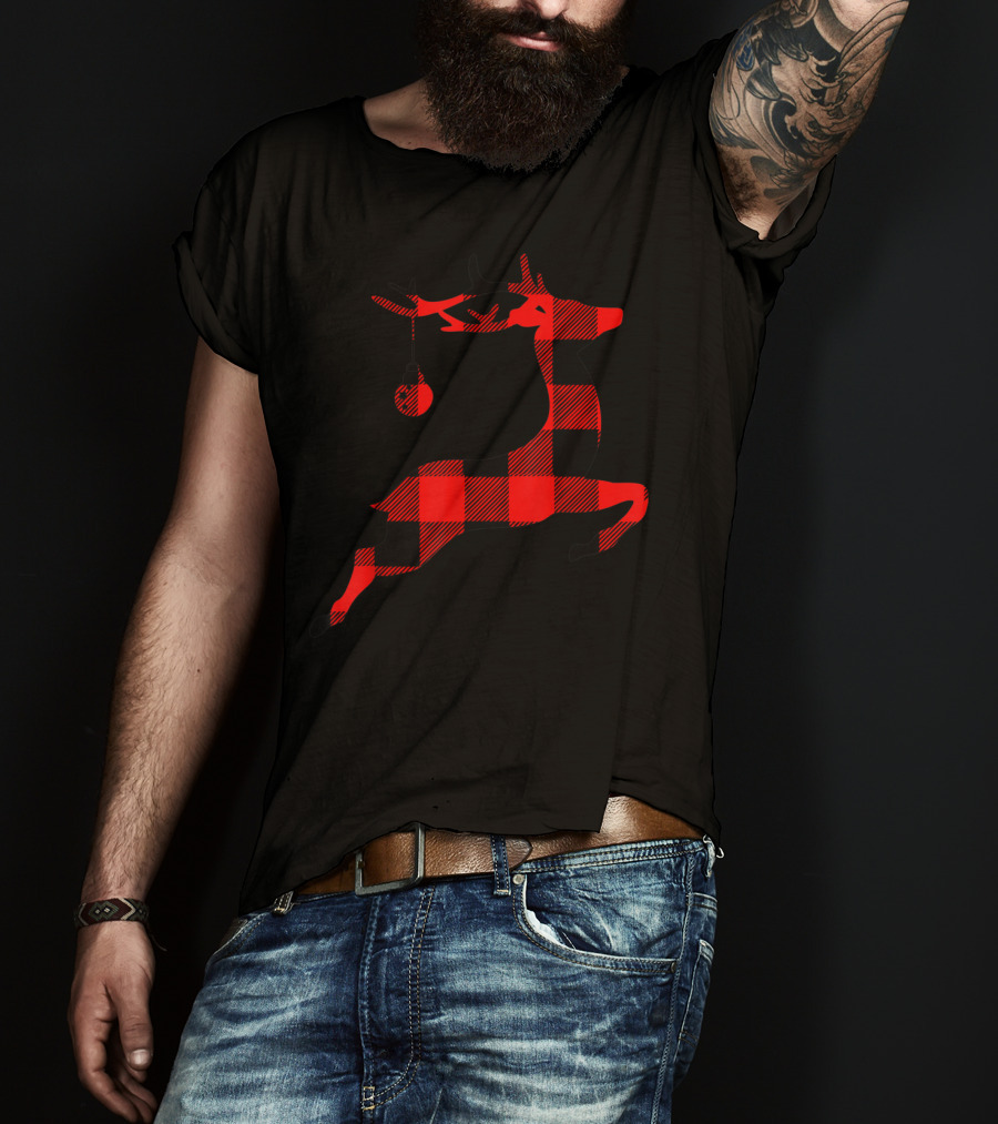 Festive Black And Red Plaid Reindeer Silhouette T-Shirt