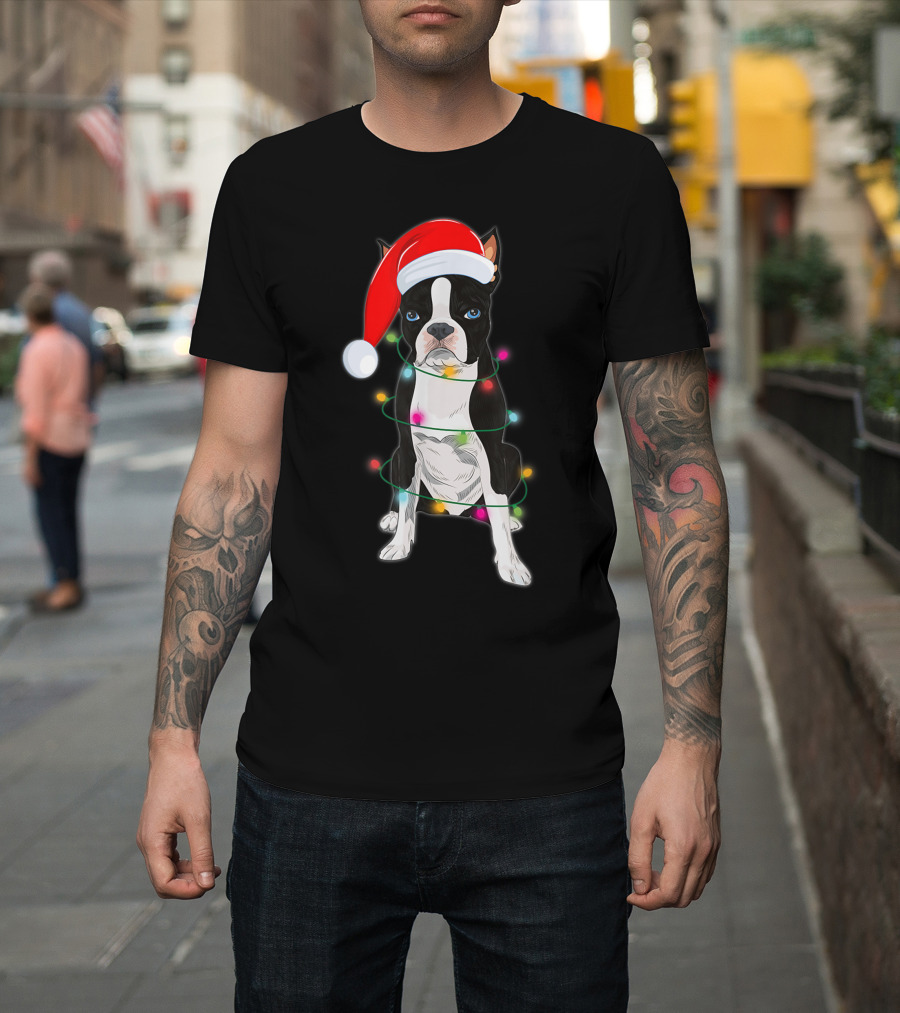 Boston Terrier Wrapped In Christmas Lights With Santa Hat T-Shirt
