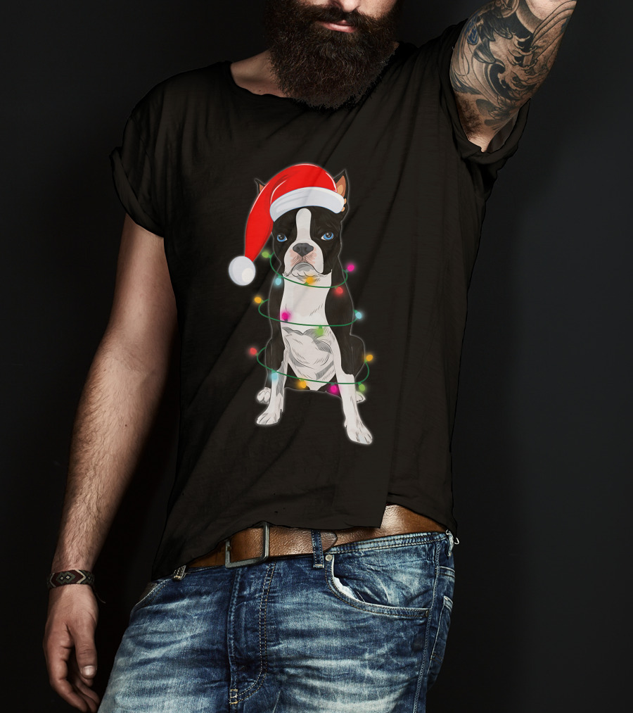 Boston Terrier Wrapped In Christmas Lights With Santa Hat T-Shirt