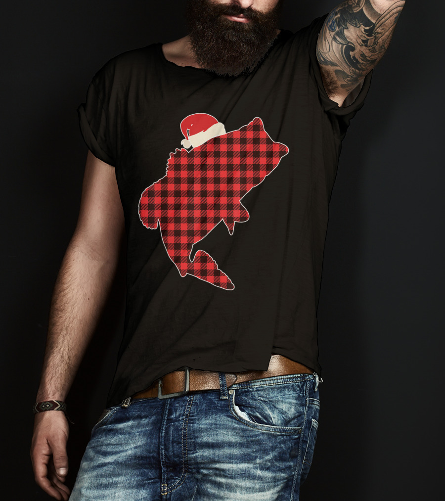 Christmas Fish Santa Hat Red Plaid Buffalo T-Shirt