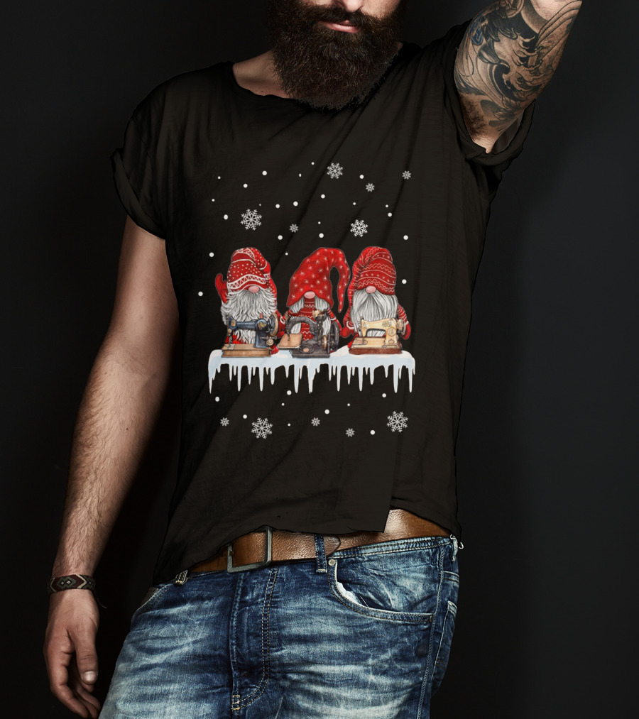 Christmas Gnomes Red Sewing Machine Snowflakes Winter Scene T-Shirt