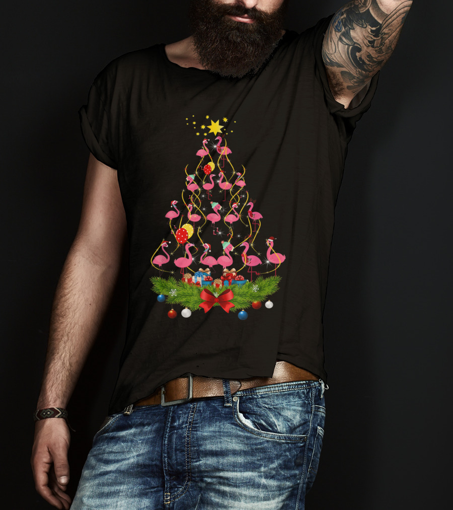 Pink Flamingo Christmas Tree With Santa Hats And Festive Decorations T-Shirt