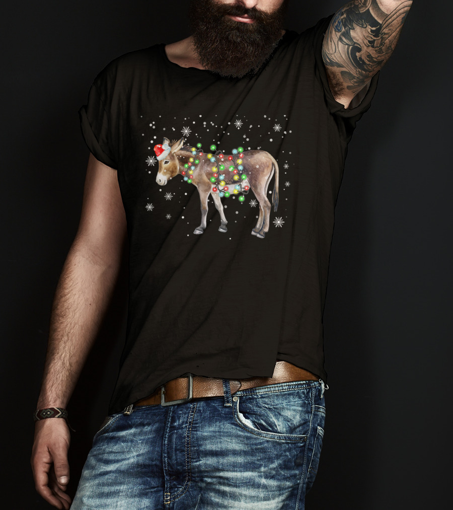 Donkey Christmas Santa Hat Colorful Lights Snowflakes Xmas T-Shirt