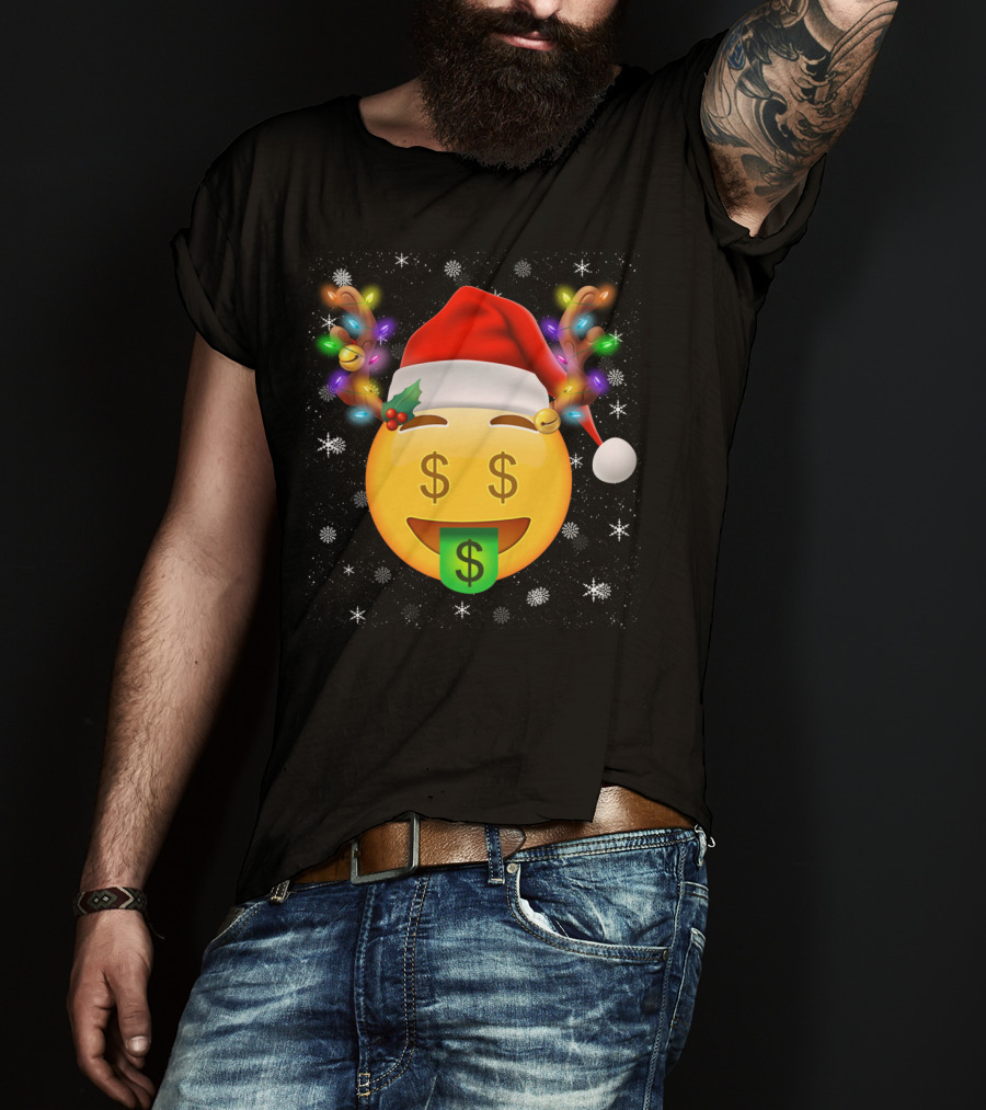 Santa Hat Reindeer Antlers Emoji Money Face T-Shirt