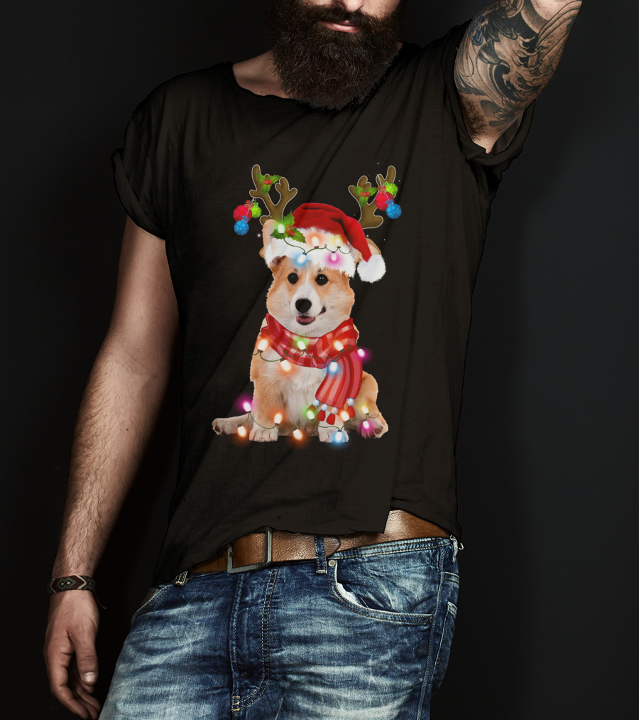 Corgi Christmas Reindeer Antlers Festive Lights And Santa Hat T-Shirt