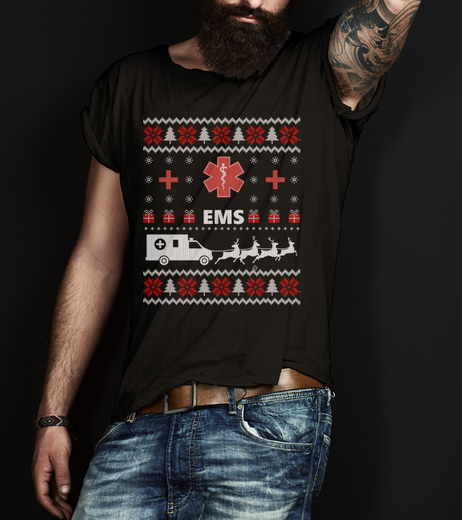 Funny EMS Christmas Ambulance Reindeer Ugly T-Shirt