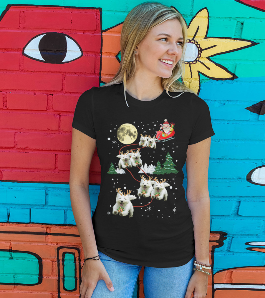 Santa's Sleigh Pulled By Funny Westie Puppies Under Moonlit Christmas Sky T-Shirt