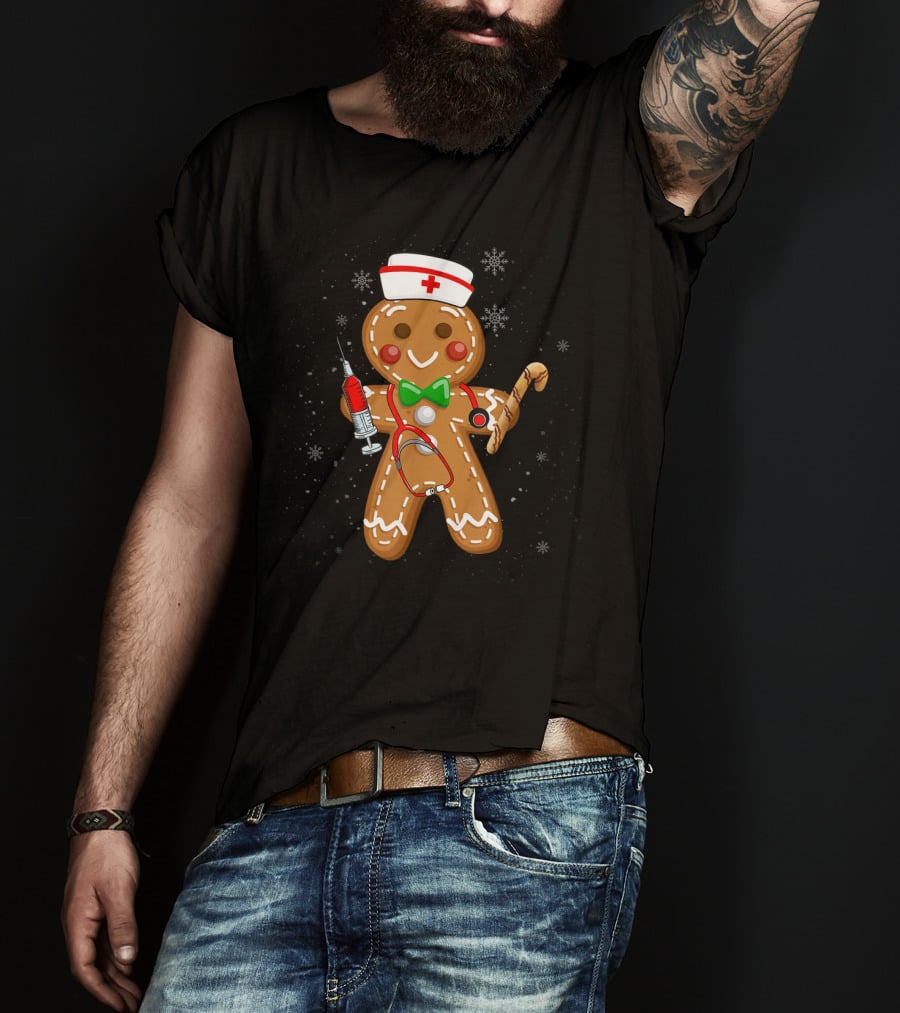 Gingerbread Nurse With Syringe And Stethoscope Christmas Holiday Fun T-Shirt