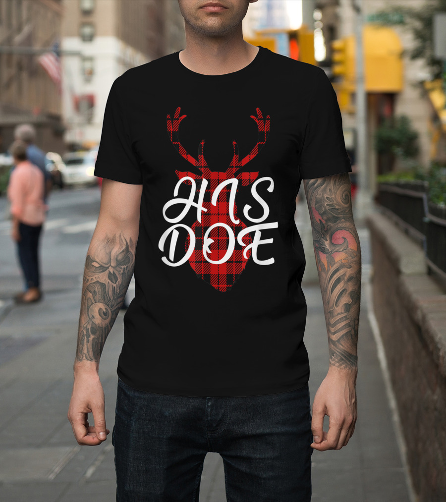 His Doe Couples Matching Red Buffalo Plaid Deer Head T-Shirt