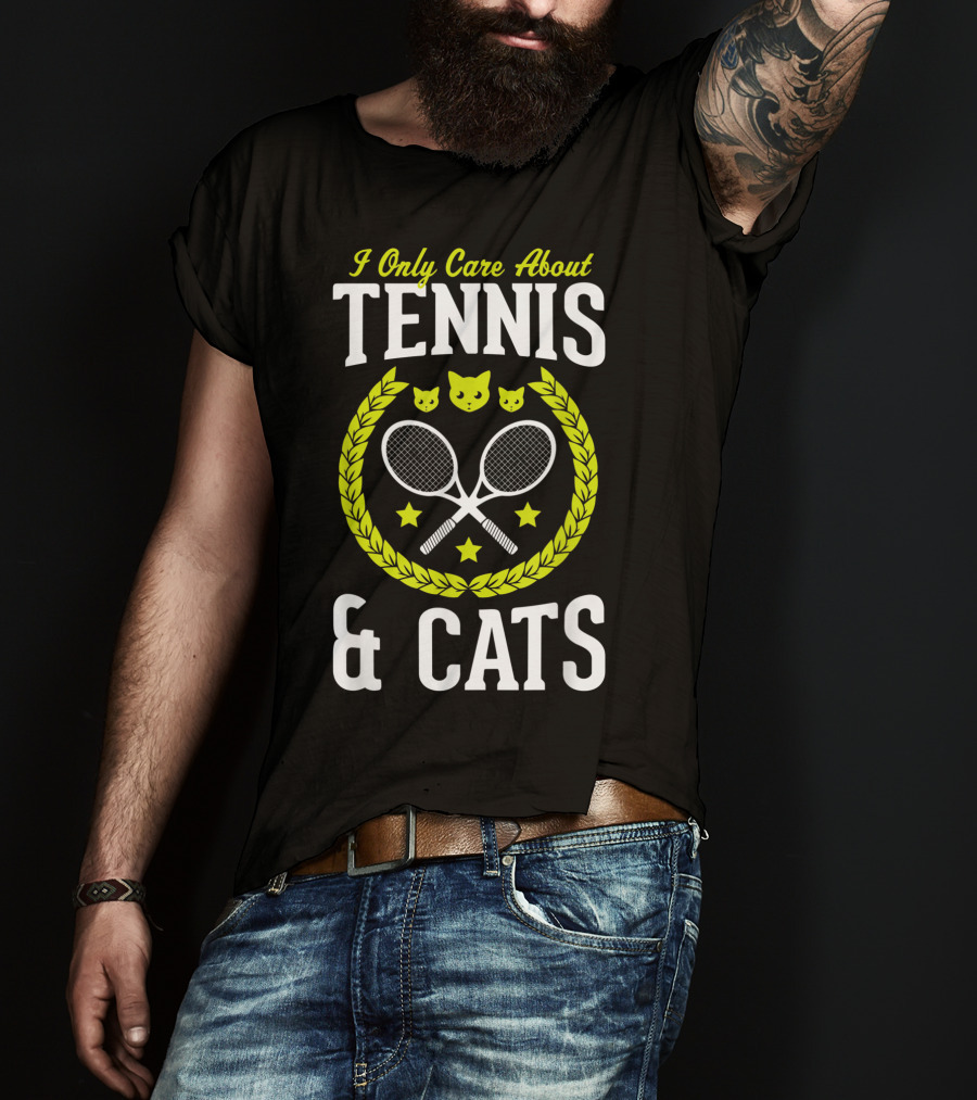 I Only Care About Tennis And Cats Funny Tennis Rackets Cat Faces Laurel Stars T-Shirt