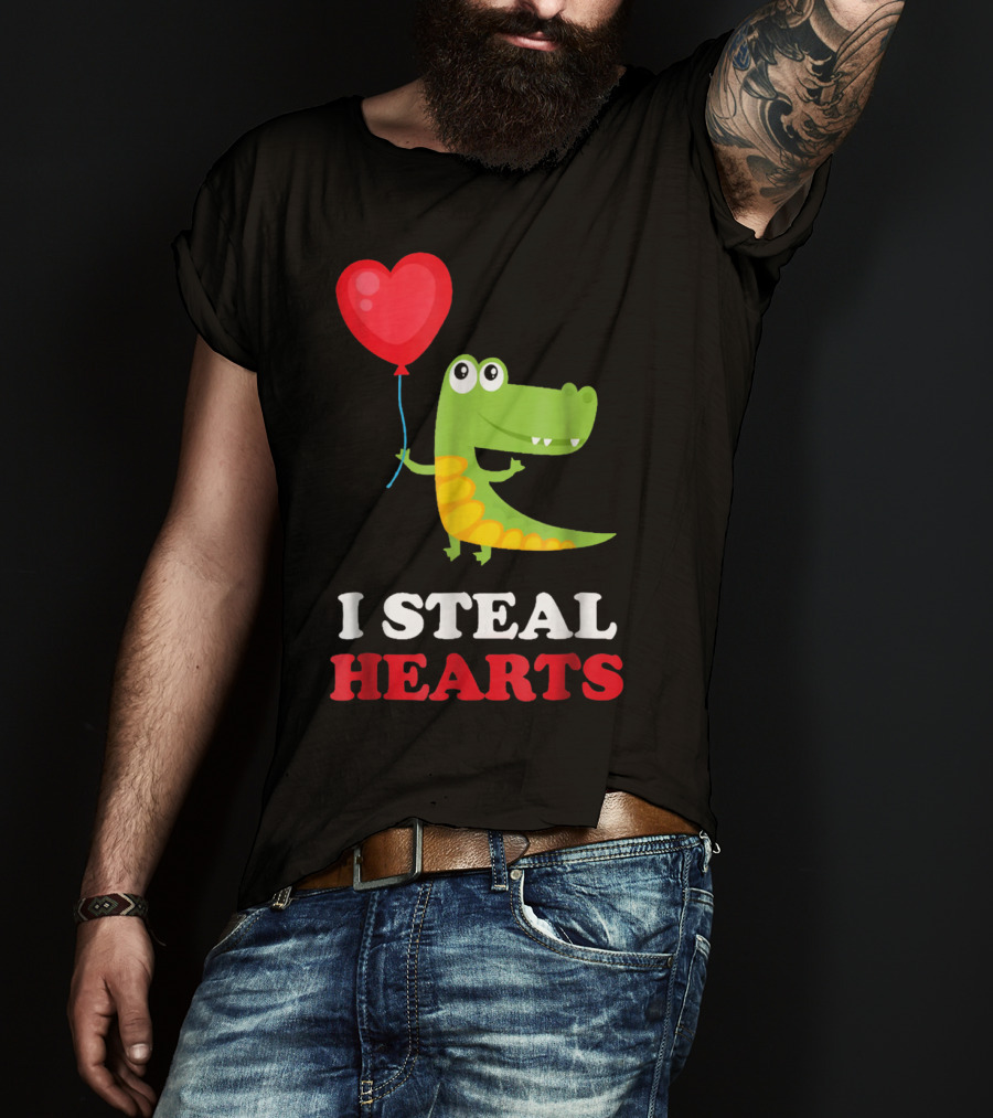 I Steal Hearts Dinosaur Holding Balloon Valentines Day T-Shirt