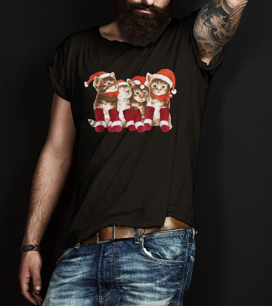 Kittens With Santa Hats Funny Christmas Cat Stockings T-Shirt