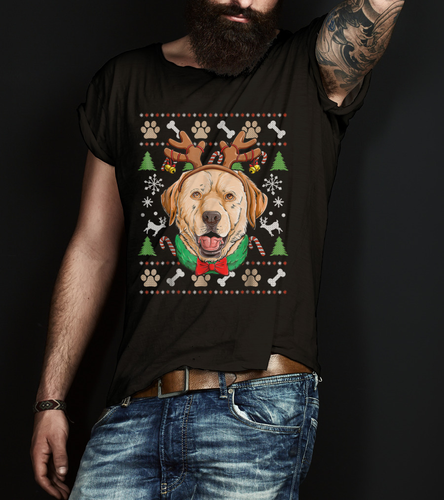 Labrador Reindeer Antlers Ugly Christmas Dog With Candy Canes And Paw Prints T-Shirt