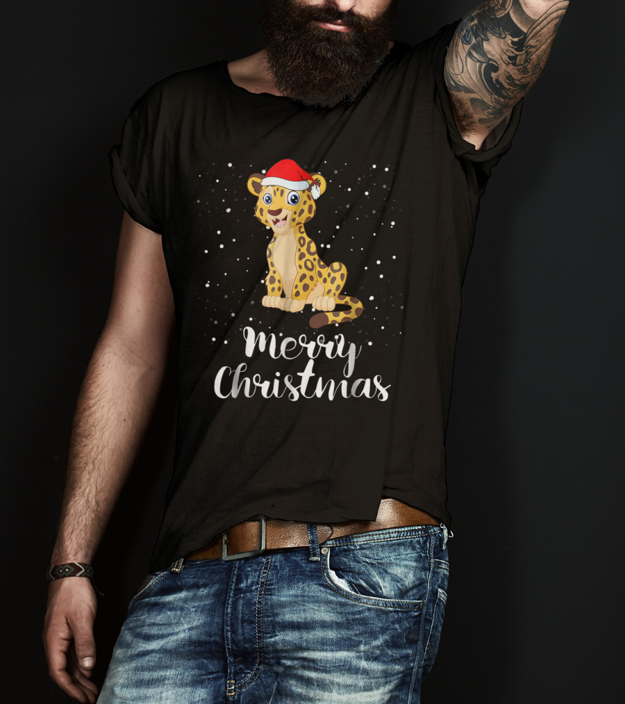 Merry Christmas Leopard Santa Hat Matching Family Group T-Shirt
