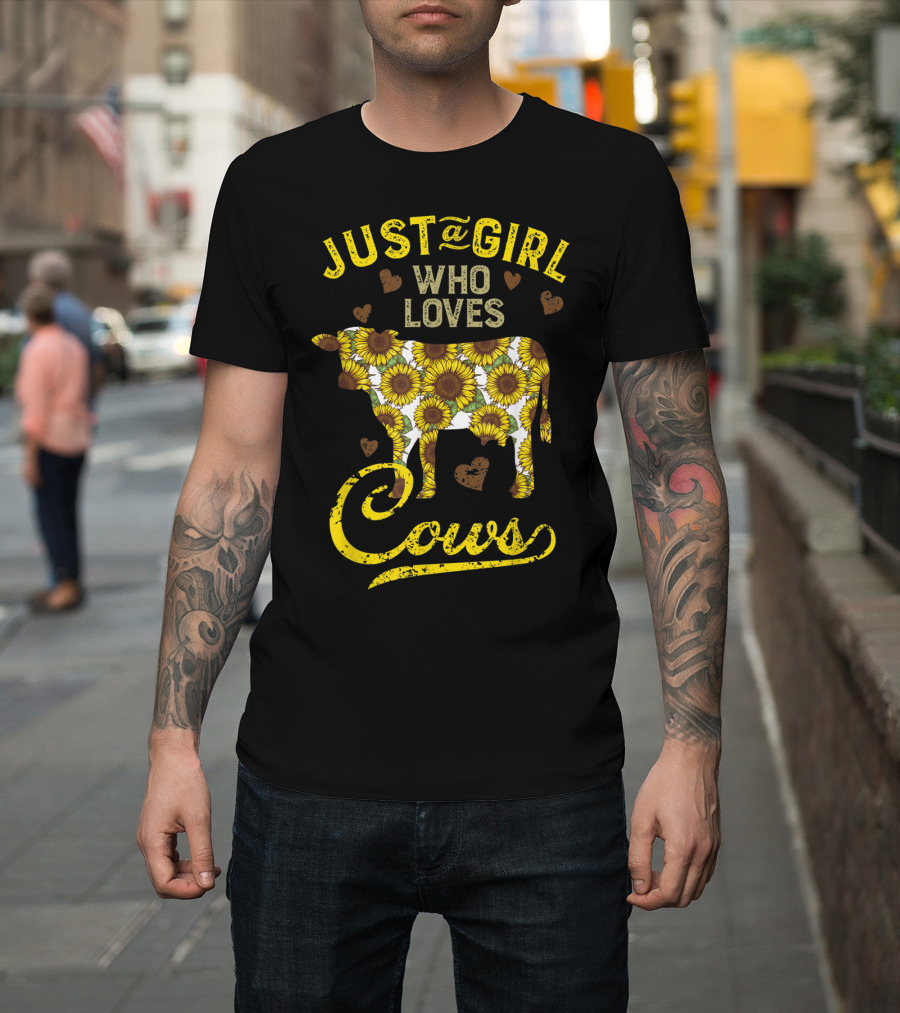 Just A Girl Who Loves Cows Sunflower Farm Sunflower Patterned Cow With Hearts T-Shirt