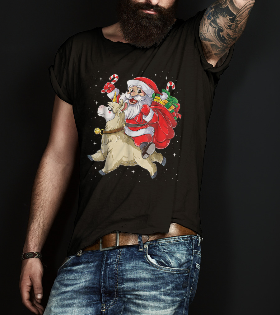 Santa Claus Riding Llamacorn Unicorn With Candy Canes And Gifts T-Shirt