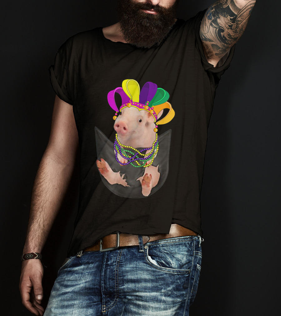Mardi Gras Pig In Your Pocket With Colorful Beads And Jester Hat Farm Animal T-Shirt