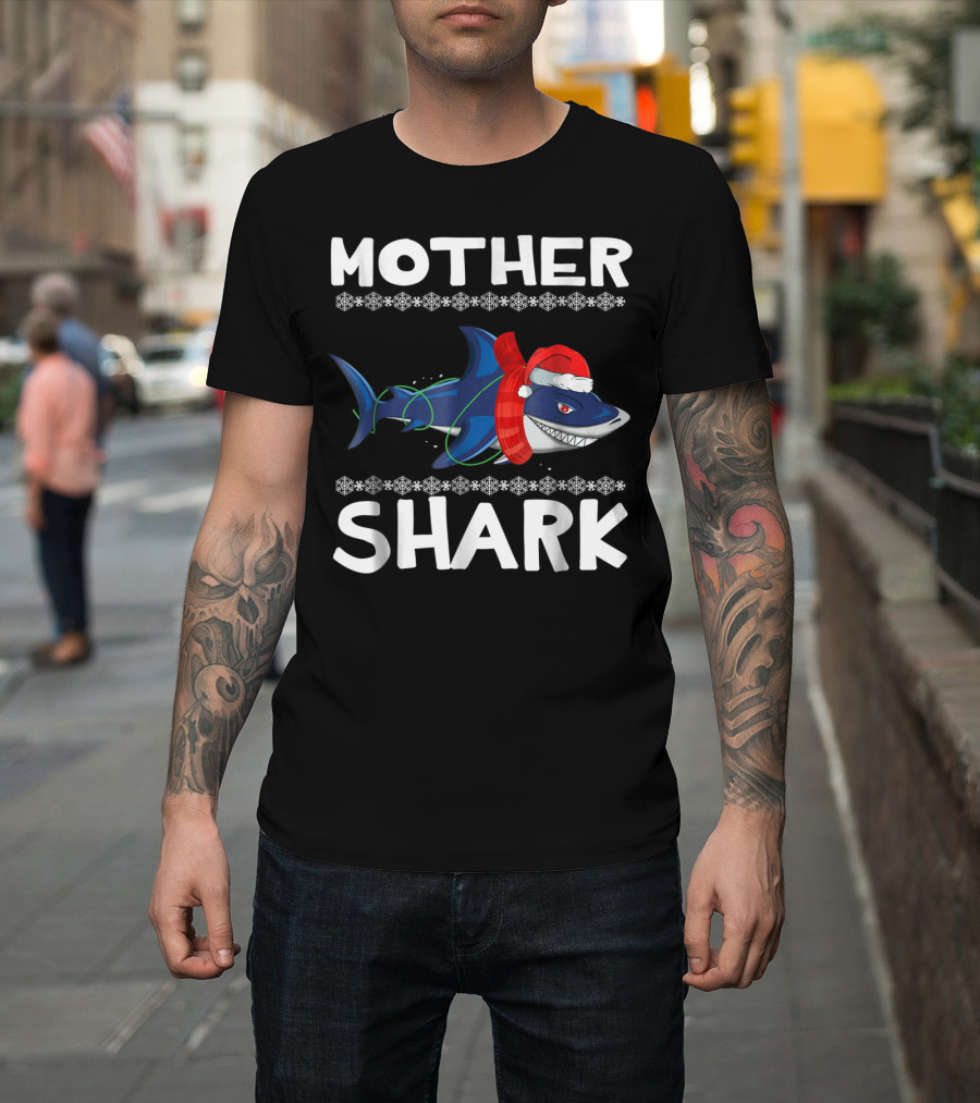 Mother Shark Ugly Christmas Sweater Santa Hat Family T-Shirt