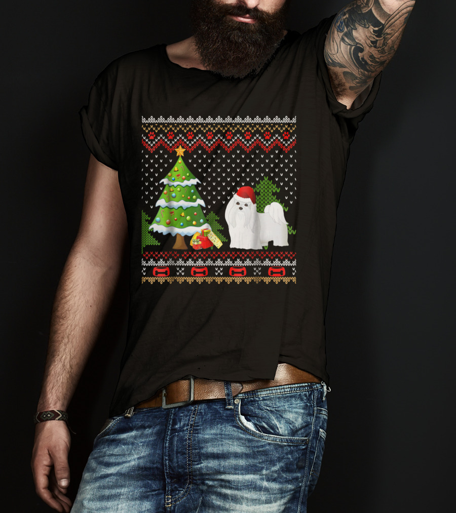 Maltese Santa Christmas UglyDog With Festive Tree And Gifts T-Shirt