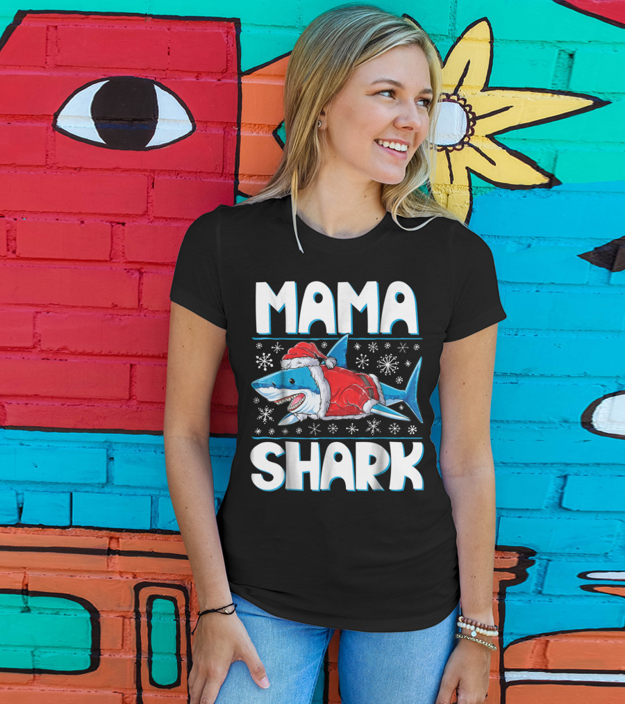 Mama Shark Santa Festive Snowflakes T-Shirt