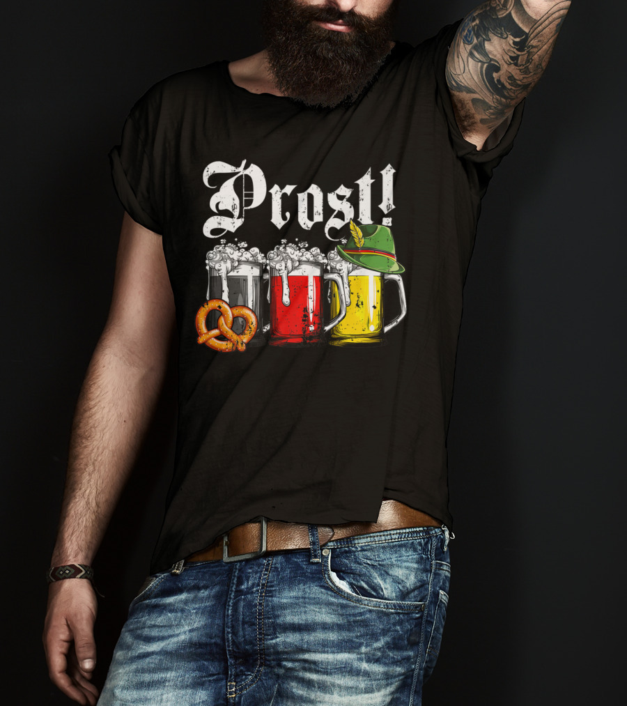 Prost Beer German Flag Oktoberfest With Pretzel And Bavarian Hat T-Shirt